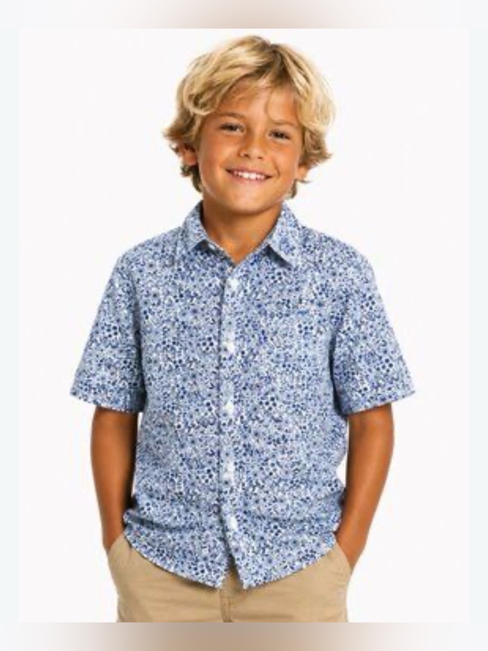 Cat & Jack Boys Floral Button Down Shirt – Blue & White – Size Small (6/7)